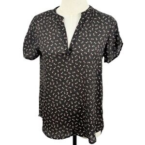 Ditsy Floral S Blouse Black Pink 90s Split V Neck Roll Tab Coquette Lightweight